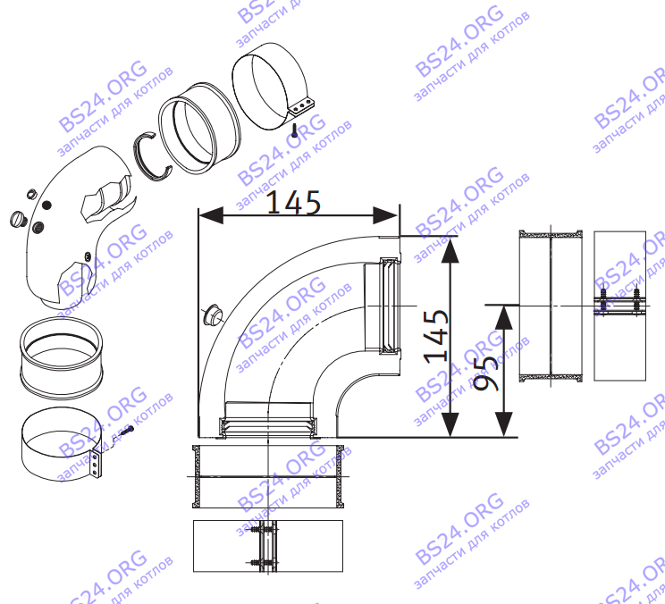 Колено коаксиальное 90° с инспекционными отверстиями с присоединительным хомутом,  Ø60/100мм. WERT ( Без дополнений) Остальные Евро котлы ( с фланцем ZZ100 ) A03.001.001191 