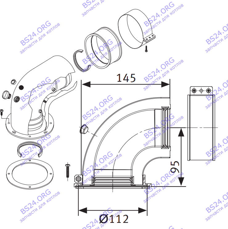 Колено коаксиальное 90° с инспекционными отверстиями с присоединительным фланцем, Ø60/100мм (для котлов GAZLUX) A03.001.001195 
